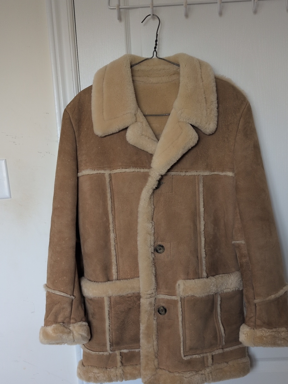 Classic Men's Shearling Coat in Tan with Cream Collar